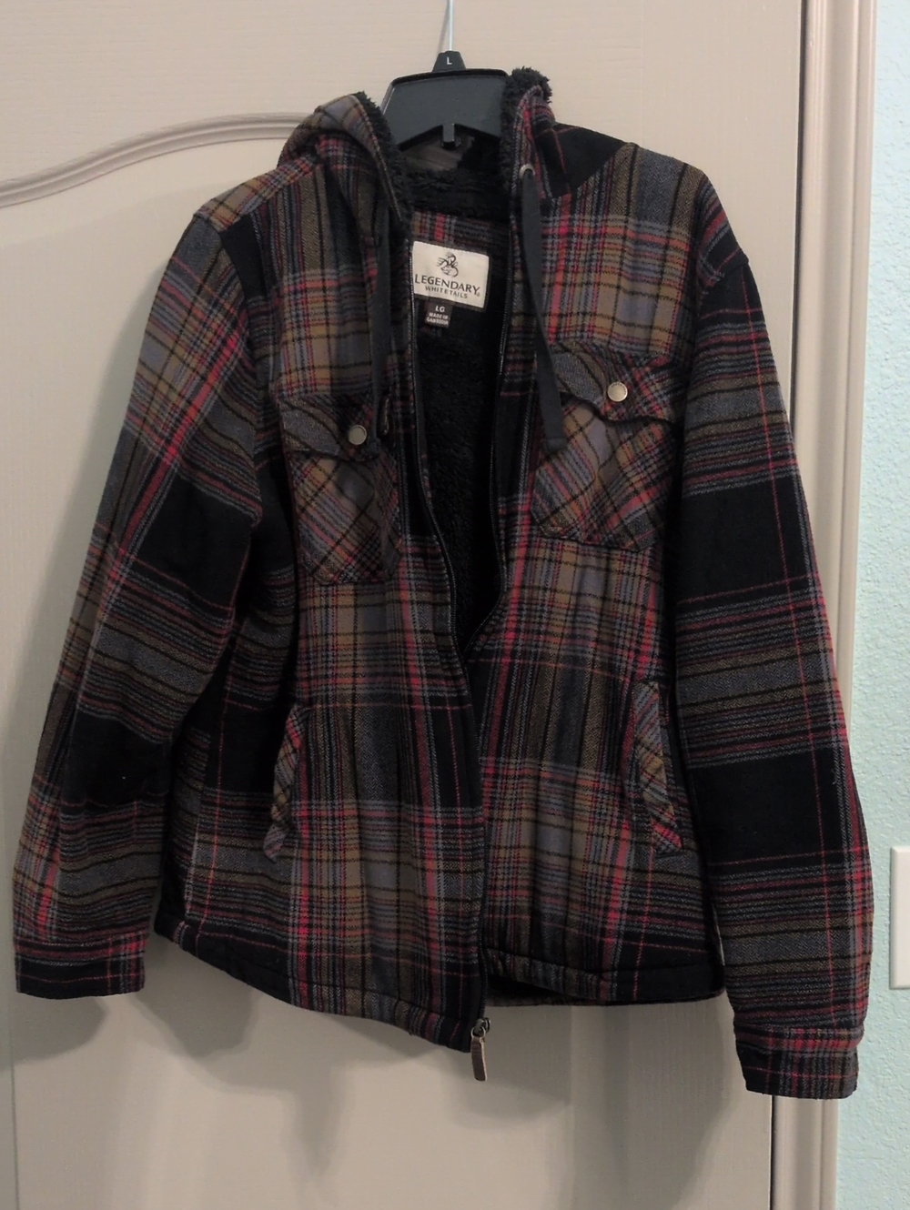 Kids Plaid Hooded Puffer Jacket - Black & Gray with Red